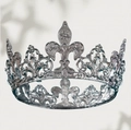 Close-up of a silver vintage tiara featuring fleur-de-lis and intricate filigree patterns - Large Gun Black