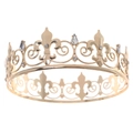 Close-up of golden alloy crown with intricate fleur-de-lis patterns and clear rhinestones - Gold