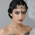 Gothic moon bridal tiara with natural black stones and silver crescent tassels - Moon Tassel Style (HG496)