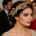 Elegante pettine per capelli da sposa con foglie dorate e strass champagne per acconciature - Champagne