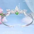 Silver elven leaf tiara with green gemstone centerpiece weighing 99.5g and 6cm height - Antique Silver