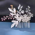 Squisito pettine per capelli da sposa con foglie d'argento, cristalli rosa e pietre d'ambra - Argento