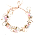 Diadema artesanal de flores para novia con perlas, flores rosas y cintas de color champán - Colorido