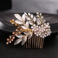 Elegante pettine per capelli da sposa dorato con perle, cristalli e foglie metalliche - Oro