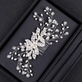 Elegant bridal silver hair comb with floral leaf motifs in alloy and pearls - Silver Hair Comb