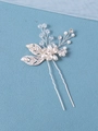 Elegant bridal U-shaped hair pin with silver leaves, crystals and faux pearls - Silver Hair Pin