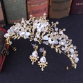 Golden bridal tiara and earring set with pink crystals and teardrop stones - Gold White Crystal Earring Post Style