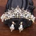 Elegant gold bridal tiara and earring set with white opals and sparkling crystals - Gold White Crystal Ear Clip Style