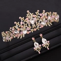 Pink crystal bridal tiara set with matching drop earrings in elegant gold finish - Pink Clip-on