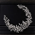 Silver bridal hair vine with marquise rhinestones and pearls on black jewelry box - White