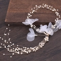Elegant multi-layer pearl hairband with white organza flowers for wedding hairstyles - Gold Pearl