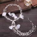 Elegant long bridal hair vine with white tulle flowers and crystal beads on wood - Silver Rhinestone With Flower
