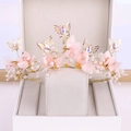 Elegante corona da sposa con farfalle dorate e fiori rosa per matrimoni e feste speciali - Rosa