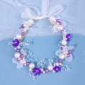 Handgemaakte bruidshoofdband met paarse bloemen, witte parels en gouden bladeren - Donkerviolet / Haarband