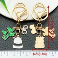 Cute panda and bamboo metal keychain set showing front and back with size measurements - Pink Flower Panda Style (ER1207)