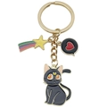 Cartoon zwarte kat emaille sleutelhanger met ster- en hartbedeltjes aan gouden ketting - Zwarte Kat Ster Regenboog (ER1244) / 8.7x3cm