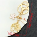 Detailed view showing dimensions of pink bunny and cherry blossom enamel keychain - Cherry Blossom Rabbit Keychain (ER1727)