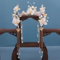 Detailed macro of golden Hanfu crown featuring resin flowers and long tassel pendants - Clip-on Earrings
