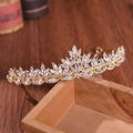 Elegante corona da sposa in oro con foglie di cristallo marquise su scatola di legno - Stile Foglia Oro (HG1233)