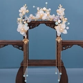 Golden Chinese hair crown with white jade-like petals and delicate blue beaded tassels - Set Without Earrings