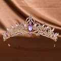 Luxury vintage gold tiara with large purple water drop gemstone and sparkling rhinestones - Gold Purple