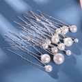 Silver bridal U-shaped hair pins set featuring multiple sizes of glossy white pearls - Silver (TS721Y)