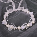 Handmade bridal wrist corsage with white pearls and translucent flower petals for weddings - White Headband
