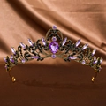 Vintage gold tiara with deep purple crystals and black rhinestones on silk background - Antique Purple