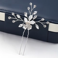 Silver bridal hair pin with white flower, alloy leaves and sparkling crystals for wedding - Hair Stick / Silver