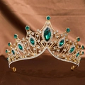 Vintage Baroque gold crown with emerald marquise rhinestones and white crystals - Gold / Green