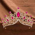 Detailed close-up of Baroque crown featuring rose pink marquise rhinestones and gold alloy - Gold Base Rose Red