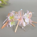 Pink organza bow wrist corsage with white flowers, faux pearls and gold edges - Korean Style Bow Flower Wrist Corsage
