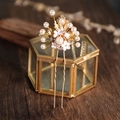 Elegant gold leaf bridal hair pin with white enamel flowers and pearls for wedding - Gold