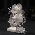 Exquisite bridal wrist corsage with white flowers, silver wire petals, and pearls - Silver Floral Hairband (FD1212)