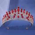 Detail of vintage gold bridal crown with ornate red crystals and teardrop rhinestones - Hollow Pattern Red Crystal Shape Style (1093)