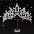 Luxury silver bridal crown with emerald crystals and sparkling rhinestones - Silver / Green