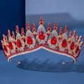 Detail of bridal tiara with red teardrop crystals on a golden filigree base - Classic Red Teardrop Crystal Style (493)
