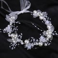 Handmade bridal headband featuring white pearls, frosted flowers and elegant ribbons - Silver Hair Vine