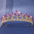 Golden bridal crown with purple metal roses, white pearls, and sparkling crystals - Purple