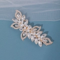 Elegant gold leaf hair comb with sparkling rhinestones and white pearls for wedding - Hair Clip / Gold