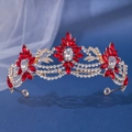 Close-up of elegant gold bridal crown with red marquise crystals and clear rhinestones - Marquise Red Crystal Flower Vintage Symmetrical Style (1068)