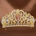 Golden Baroque bridal crown with heart design and AB crystal water drop pendant - Gold with Multicolor Zircon