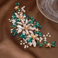 Elegant bridal hair comb with gold floral wire, green crystals and pearls on brown silk - Gold Green