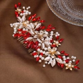 Peigne à cheveux élégant en métal doré avec cristaux rouges et perles pour mariées - Or Rouge