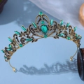 Couronne de mariée vintage en or avec cristaux émeraude et strass noirs de fête - Vert Foncé