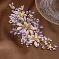 Elegant gold bridal hair comb with purple crystals, pearls and floral weave accents - Gold Purple