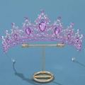 Elegant bridal tiara with purple crystals on silver frame with golden display stand - Silver Base All Purple Rhinestone