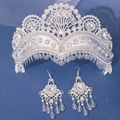 Silver bridal crown and drop earrings set with crystals and white pearls on blue base - Silver Jewelry Set