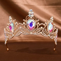Baroque golden tiara with iridescent teardrop rhinestones and intricate diamond patterns - Colorful