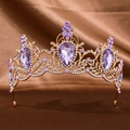 Baroque gold crown with purple teardrop crystals and sparkling white rhinestones for brides - Light Purple